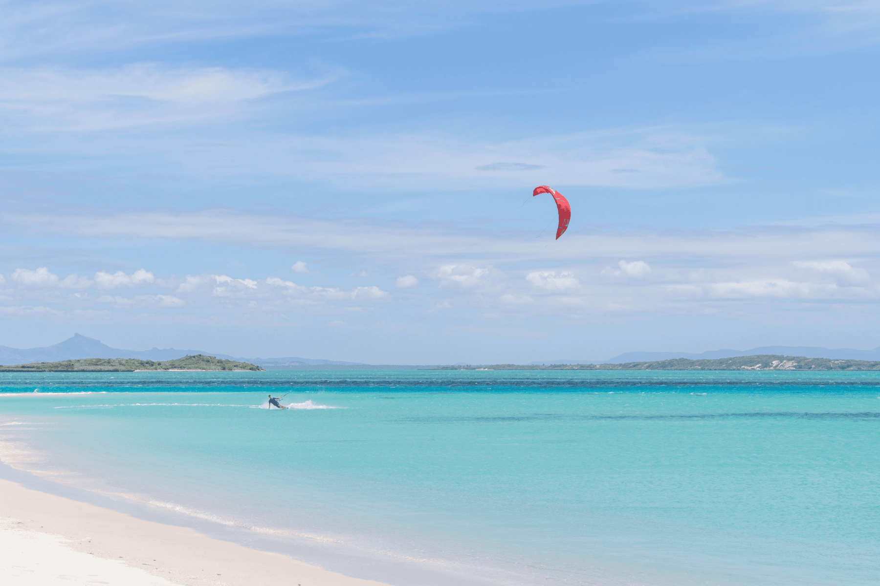 Kiteboarding in aquamarine water at Miavana